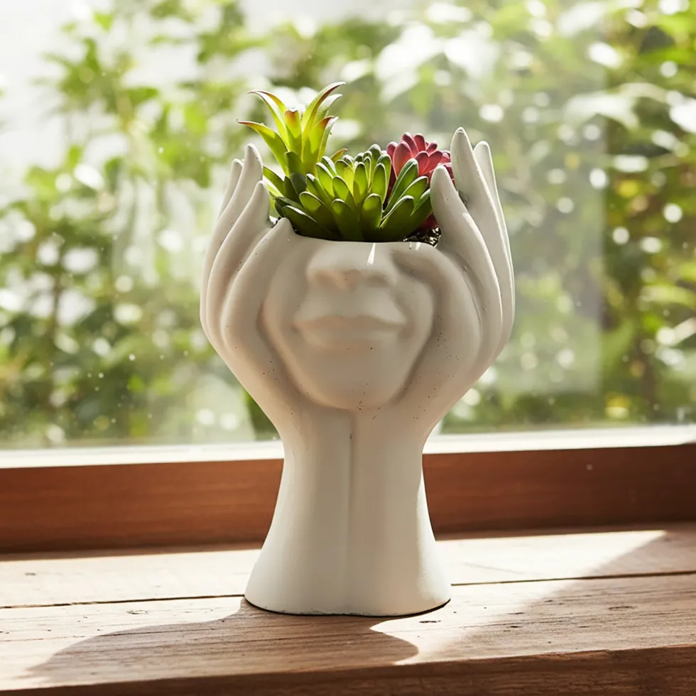 Vaso con Pianta Artificiale Mani Decorativa in Cemento h20 cm